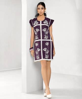 White and plum embroidered buttersoft linen short dress 1