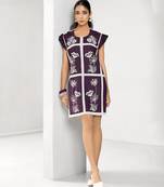 White and plum embroidered buttersoft linen short dress