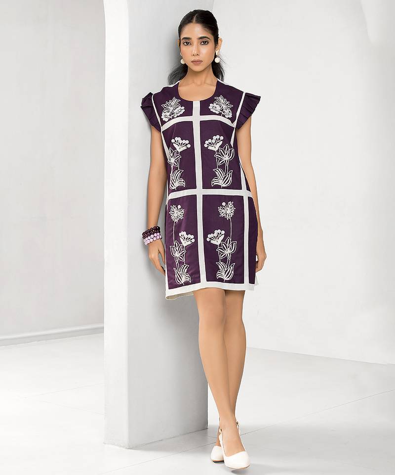 White and plum embroidered buttersoft linen short dress