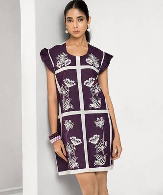 White and plum embroidered buttersoft linen short dress 3