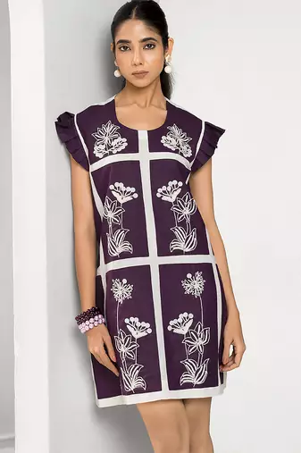 White and plum embroidered buttersoft linen short dress