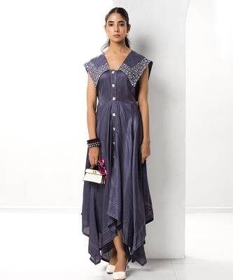 Mauve embroidered satin linen long dress 1
