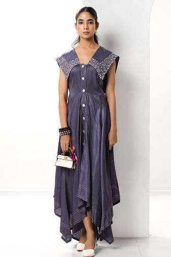 Mauve embroidered satin linen long dress