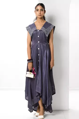 Mauve embroidered satin linen long dress