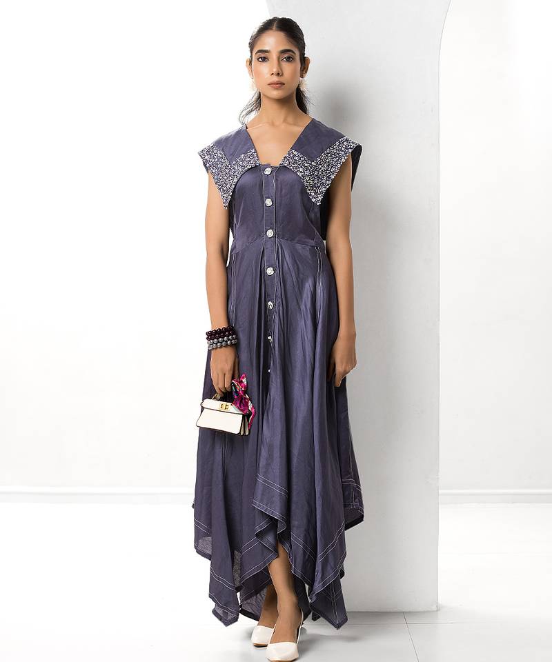 Mauve embroidered satin linen long dress