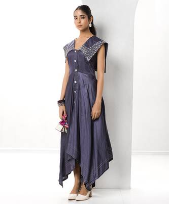Mauve embroidered satin linen long dress 2