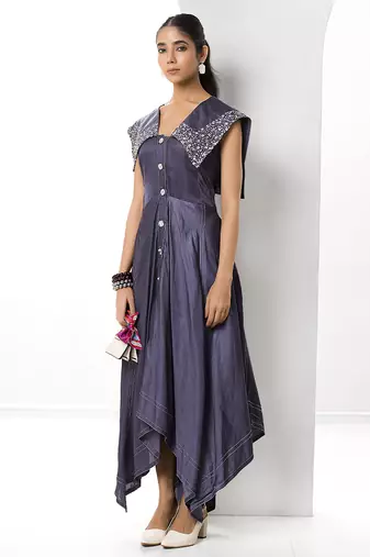 Mauve embroidered satin linen long dress