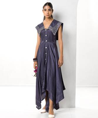 Mauve embroidered satin linen long dress 3