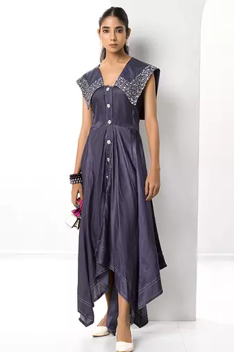 Mauve embroidered satin linen long dress