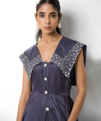 Mauve embroidered satin linen long dress 4