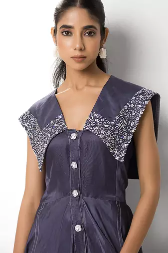 Mauve embroidered satin linen long dress