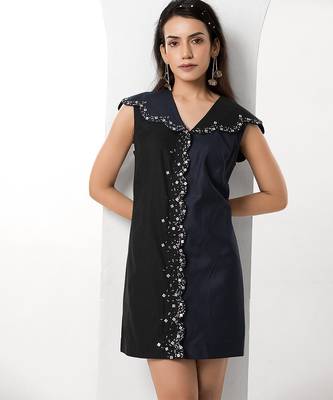 Black and blue embroidered buttersoft linen short dress 2