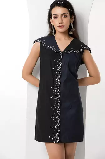 Black and blue embroidered buttersoft linen short dress