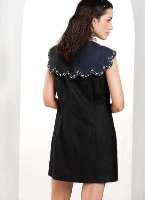 Black and blue embroidered buttersoft linen short dress 3