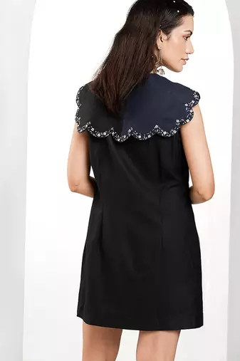 Black and blue embroidered buttersoft linen short dress