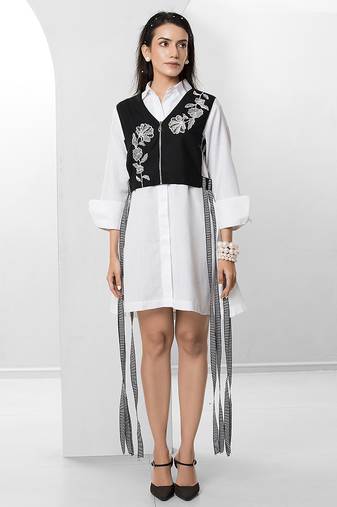 Black and white embroidered buttersoft linen jacket shirt dress