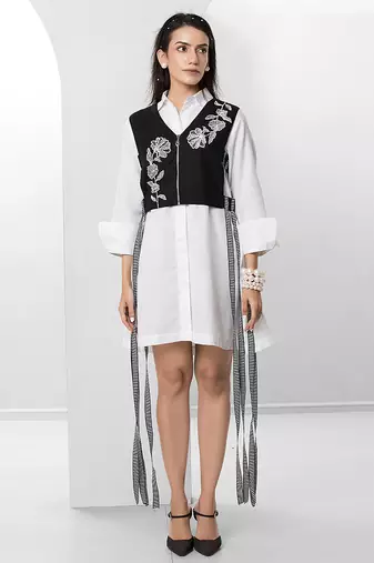Black and white embroidered buttersoft linen jacket shirt dress