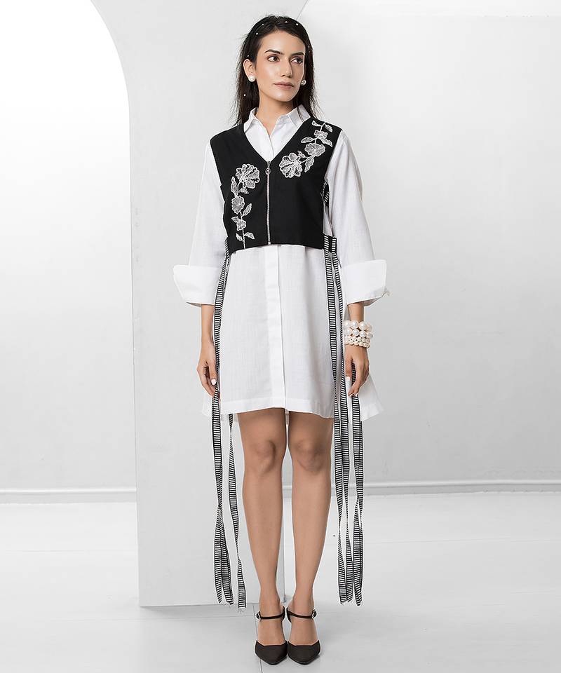 Black and white embroidered buttersoft linen jacket shirt dress