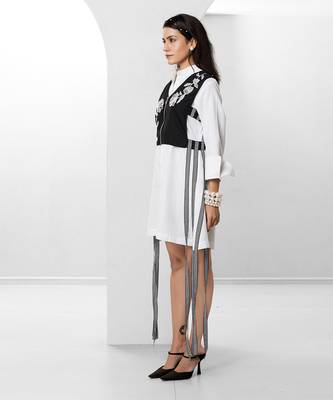 Black and white embroidered buttersoft linen jacket shirt dress 2
