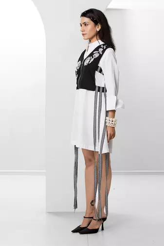 Black and white embroidered buttersoft linen jacket shirt dress