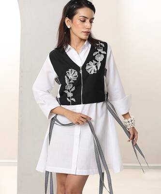Black and white embroidered buttersoft linen jacket shirt dress 4