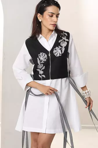 Black and white embroidered buttersoft linen jacket shirt dress