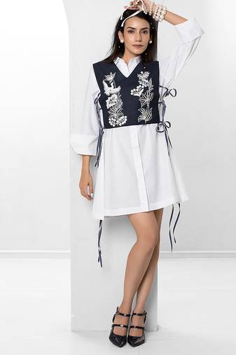 Blue and white embroidered buttersoft linen jacket shirt dress