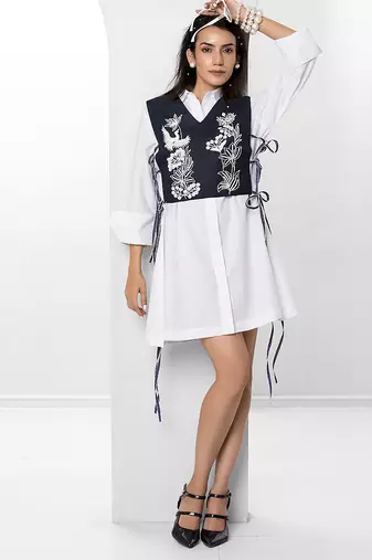 Blue and white embroidered buttersoft linen jacket shirt dress