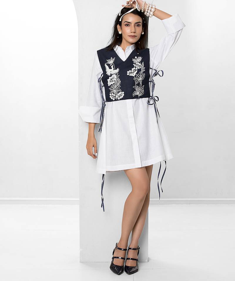 Blue and white embroidered buttersoft linen jacket shirt dress