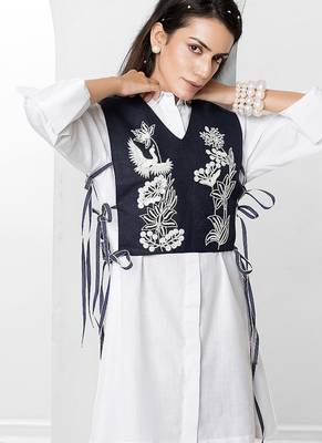 Blue and white embroidered buttersoft linen jacket shirt dress 2