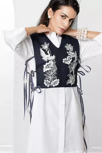 Blue and white embroidered buttersoft linen jacket shirt dress