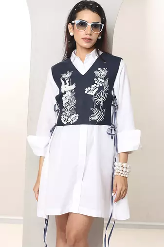 Blue and white embroidered buttersoft linen jacket shirt dress