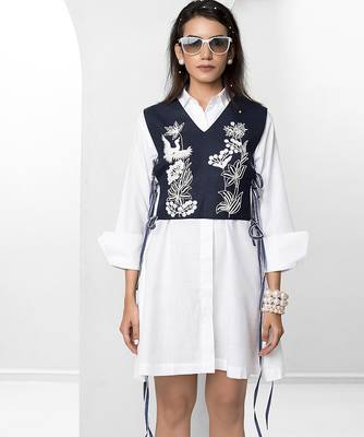 Blue and white embroidered buttersoft linen jacket shirt dress 4