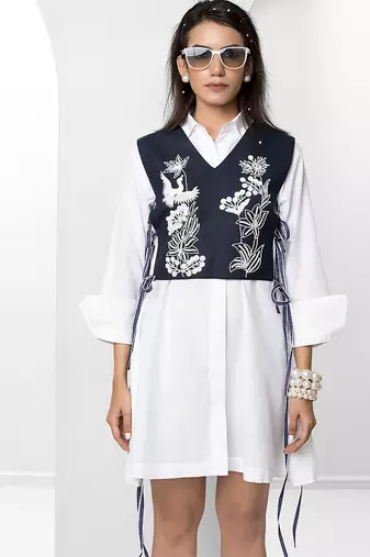 Blue and white embroidered buttersoft linen jacket shirt dress