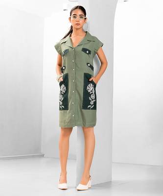 Green embroidered buttersoft linen dress 1