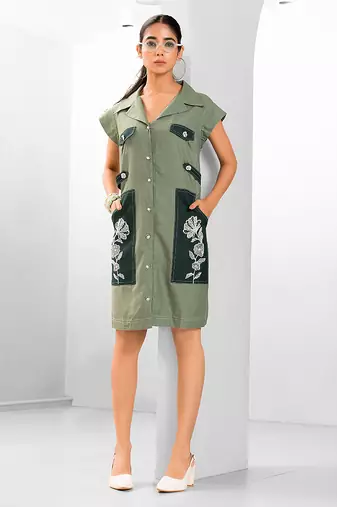 Green embroidered buttersoft linen dress