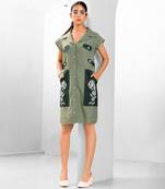 Green embroidered buttersoft linen dress