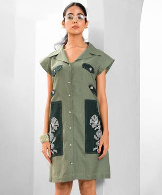 Green embroidered buttersoft linen dress 2