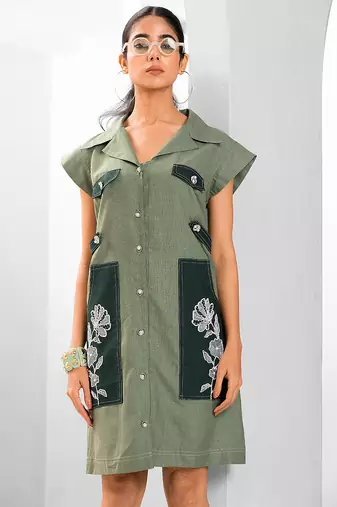 Green embroidered buttersoft linen dress