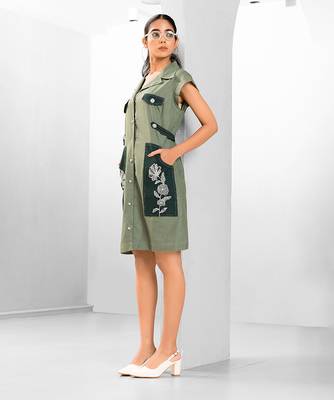 Green embroidered buttersoft linen dress 3
