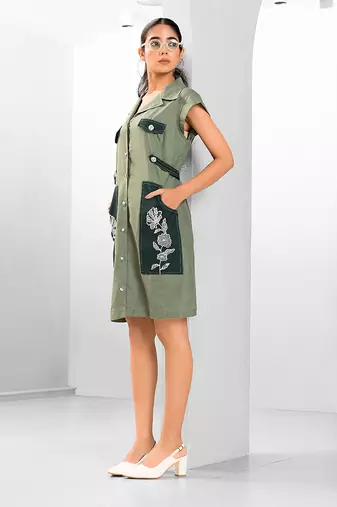 Green embroidered buttersoft linen dress