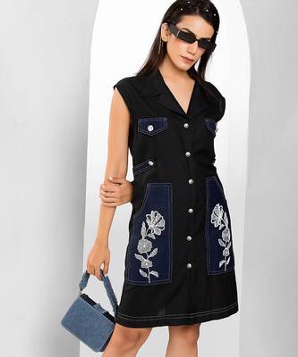 Black embroidered buttersoft linen dress 2
