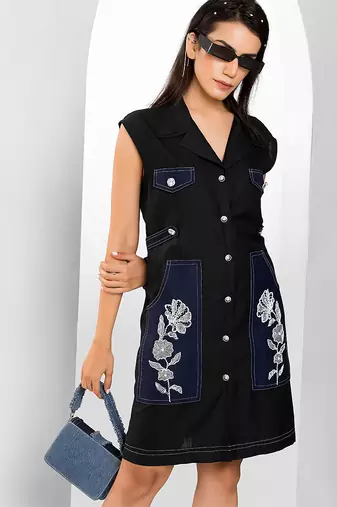 Black embroidered buttersoft linen dress