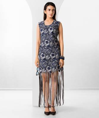 Blue floral printed buttersoft linen fringe dress 1