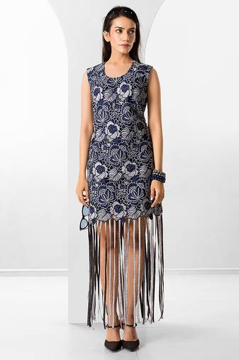 Blue floral printed buttersoft linen fringe dress