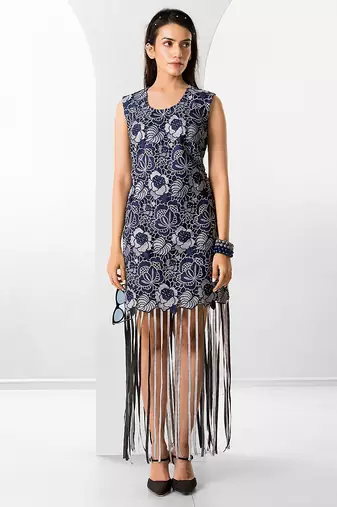 Blue floral printed buttersoft linen fringe dress