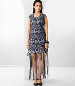 Blue floral printed buttersoft linen fringe dress