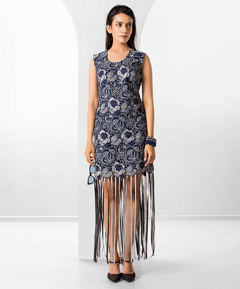 Blue floral printed buttersoft linen fringe dress