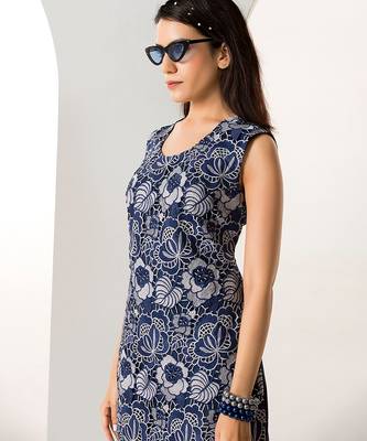 Blue floral printed buttersoft linen fringe dress 2