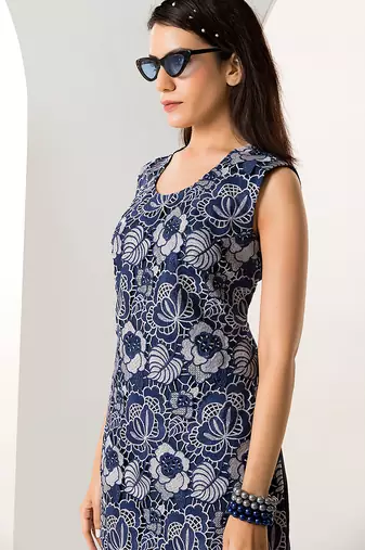 Blue floral printed buttersoft linen fringe dress